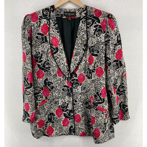 ST. GILLIAN Blazer 14 Silks Abstract Floral Faux Cami Button Front Black Red Vtg